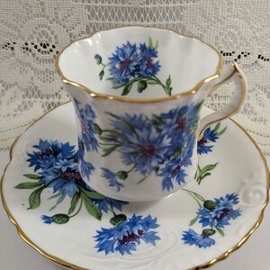 Vintage Hammersley Blue Cornflower Porcelain Teacup and Saucer with Gold Trim